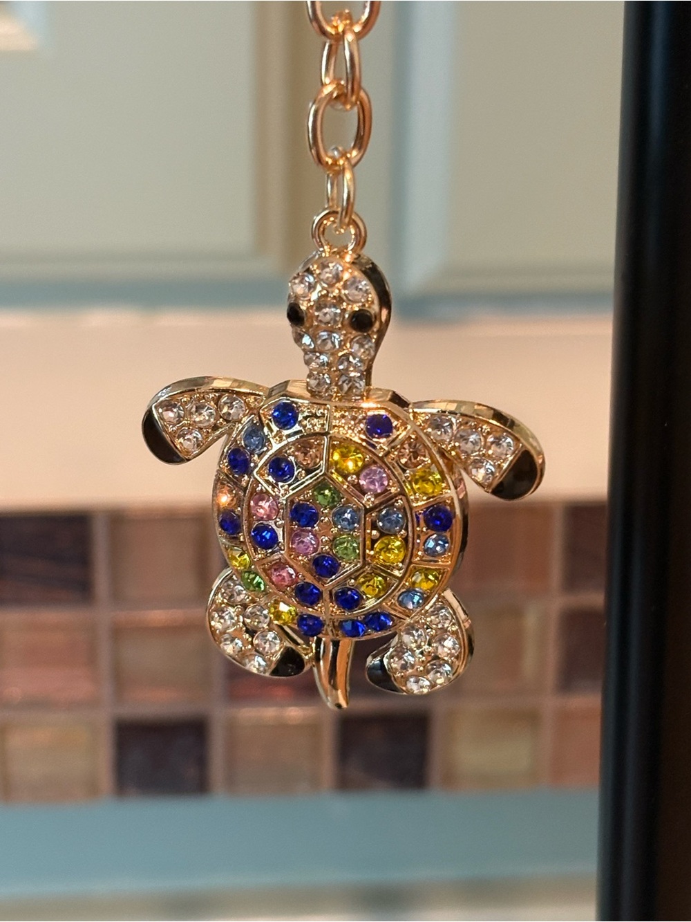 Gold-Tone Multicolor Crystal Turtle Keychain & Card Holder Charm